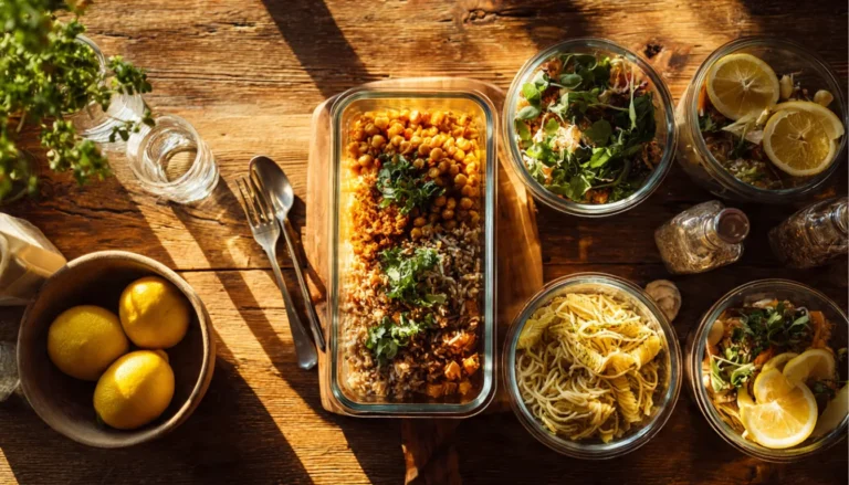 Glass meal prep container filled with red lentil soup on a wooden office desk with a lemon wedge