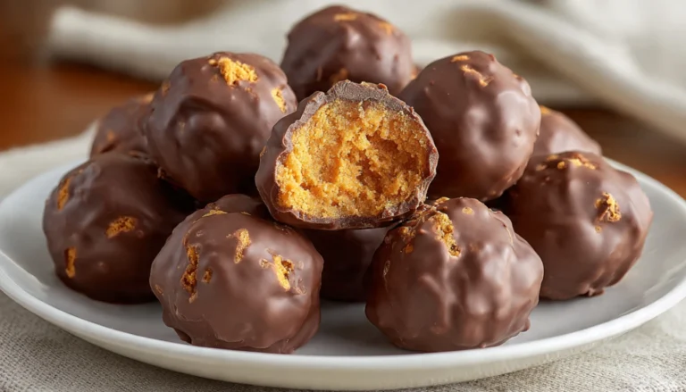 Chocolate coated Butterfinger Balls with crunchy peanut butter filling on a white plate