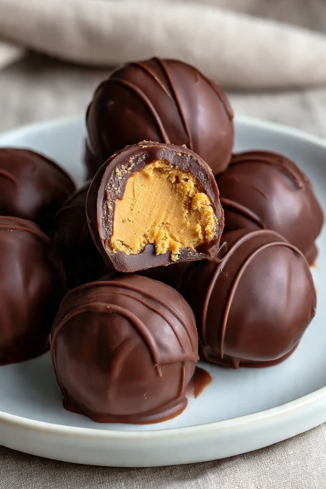 Chocolate coated Butterfinger Balls with crunchy peanut butter filling on a white plate