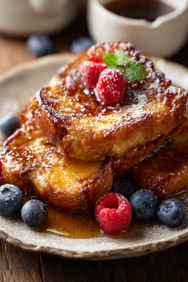 Caramelized French toast on a white plate with fresh berries and maple syrup