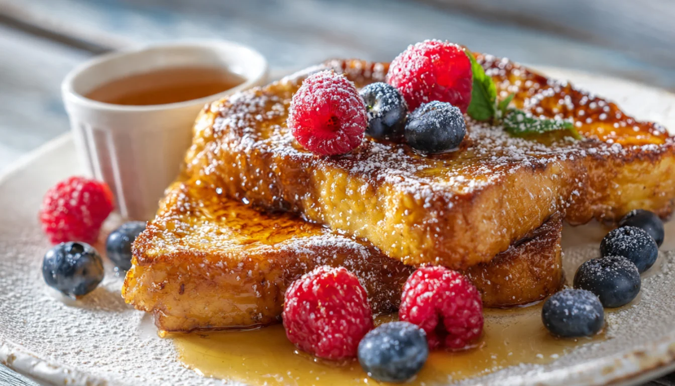 Caramelized French toast on a white plate with fresh berries and maple syrup
