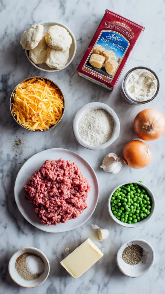 Flat lay of ingredients for Cheddar Bay ground beef cobbler including ground beef, biscuit mix, cheddar cheese, garlic, and vegetables