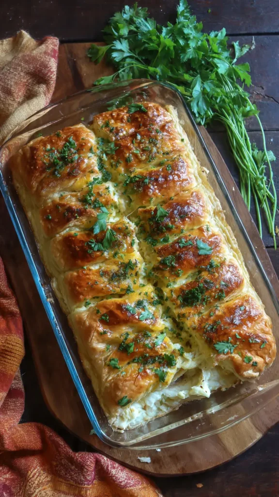 Golden baked puff pastry filled with creamy four-cheese filling on a wooden cutting board with fresh thyme
