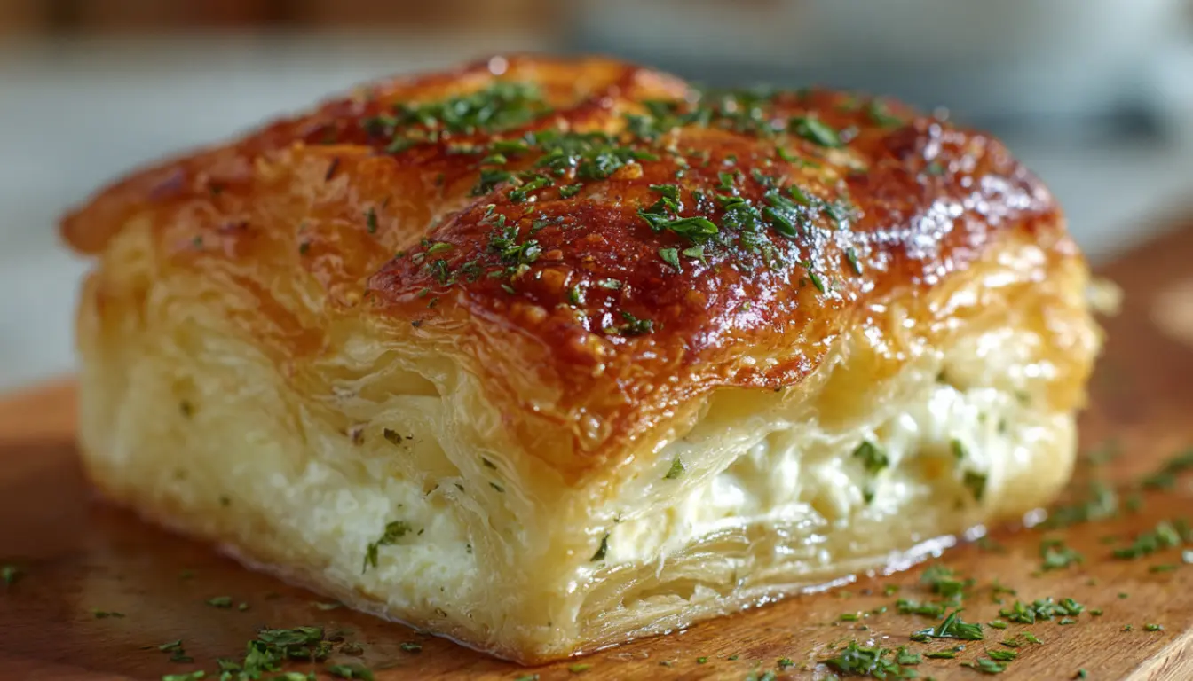 Golden baked puff pastry filled with creamy four-cheese filling on a wooden cutting board with fresh thyme