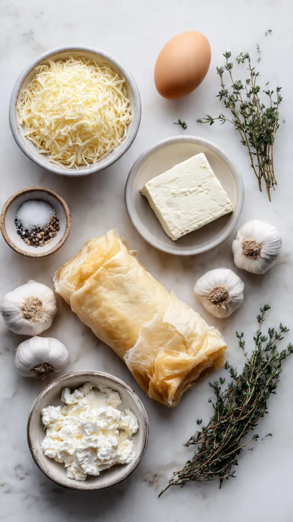 Ingredients for cheese-filled puff pastry including cream cheese, mozzarella, ricotta, parmesan, puff pastry sheet, and fresh herbs