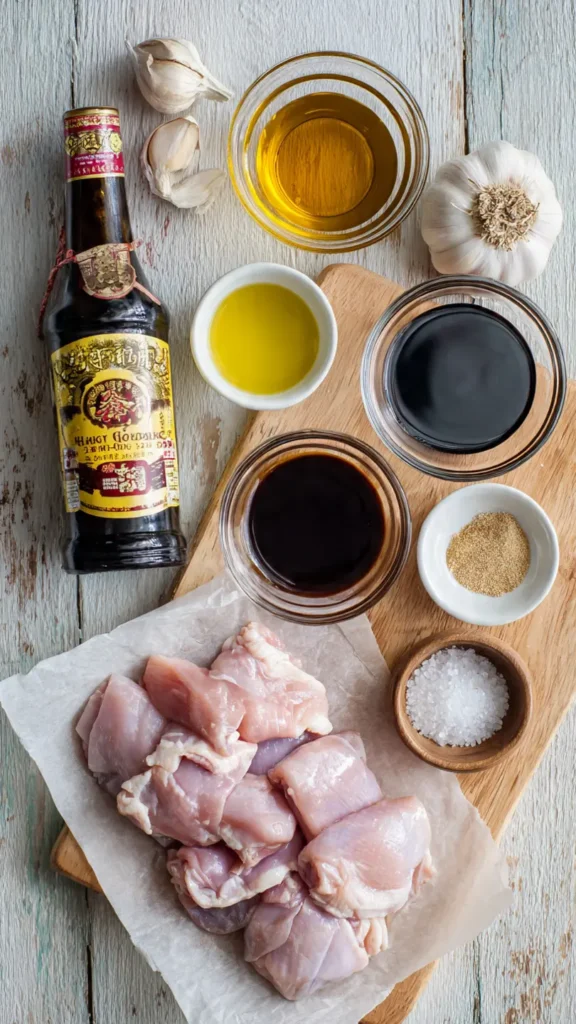 Simple pantry ingredients needed to make authentic chicken char siu at home including hoisin, honey, and Chinese five spice