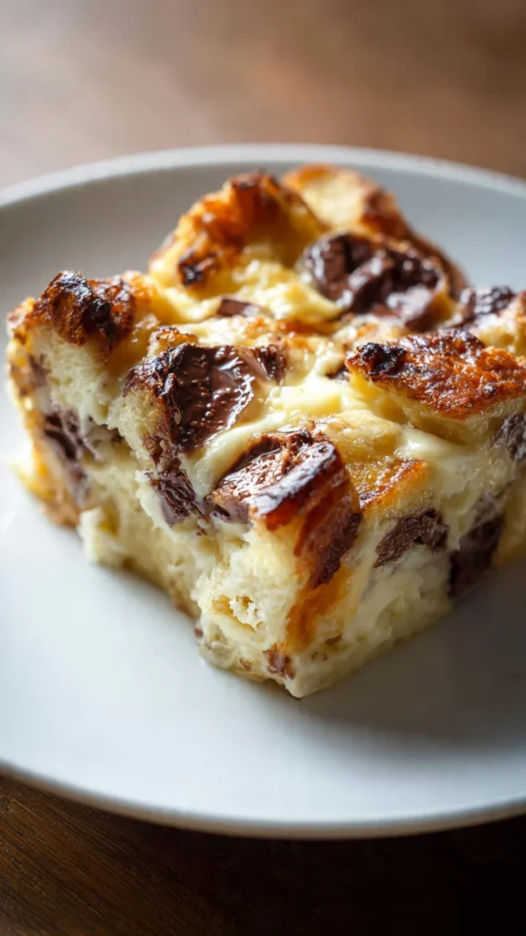 Slice of Chocolate Cream Cheese Bread Pudding with melted chocolate and cream cheese swirls on a white plate
