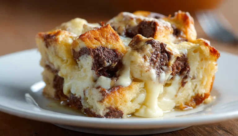 Slice of Chocolate Cream Cheese Bread Pudding with melted chocolate and cream cheese swirls on a white plate