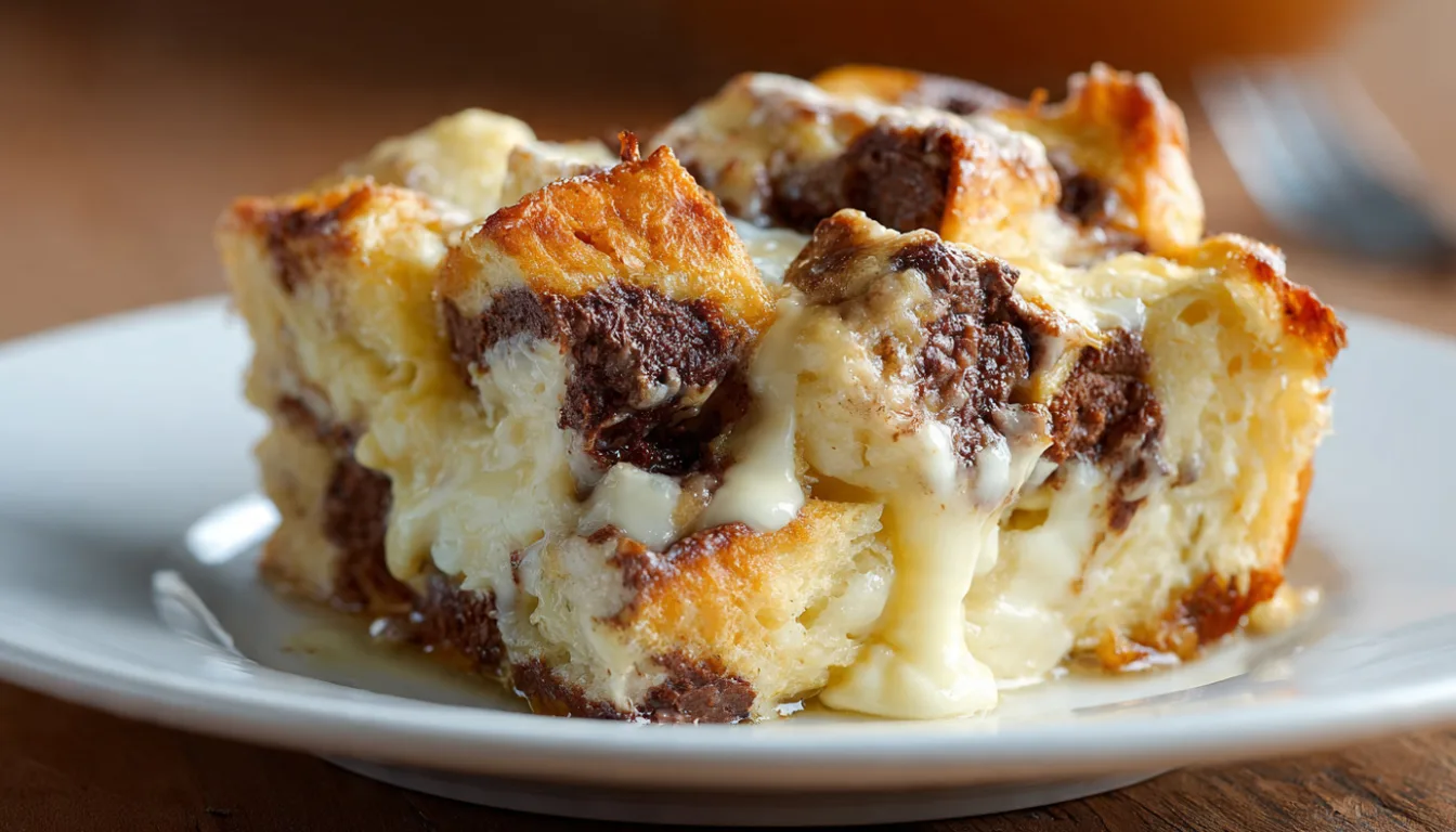 Slice of Chocolate Cream Cheese Bread Pudding with melted chocolate and cream cheese swirls on a white plate