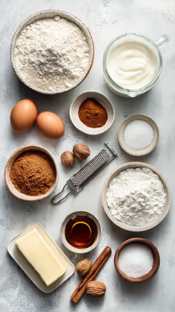 Ingredients for cinnamon donut bread including flour, sugar, cinnamon, nutmeg, butter, egg, and milk
