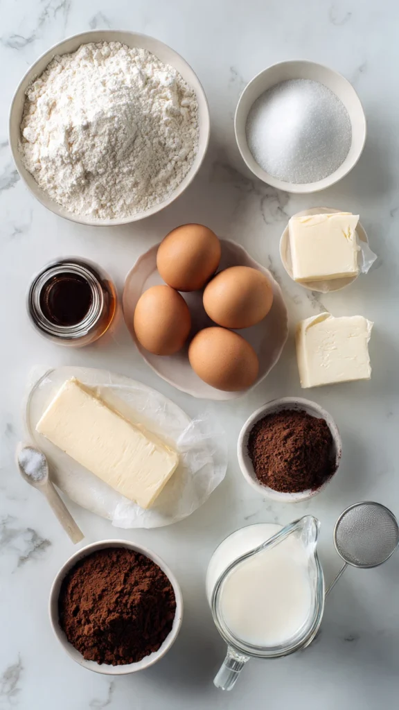 Marble cake ingredients arranged on white countertop including flour butter eggs cocoa powder