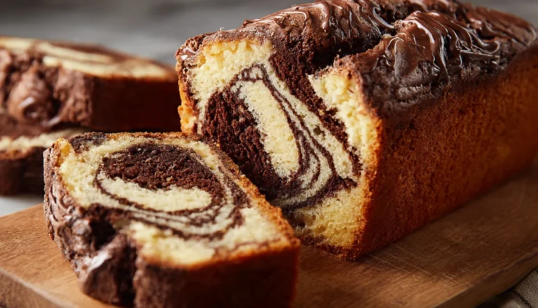 Sliced classic marble cake on white cake stand showing chocolate vanilla swirl pattern