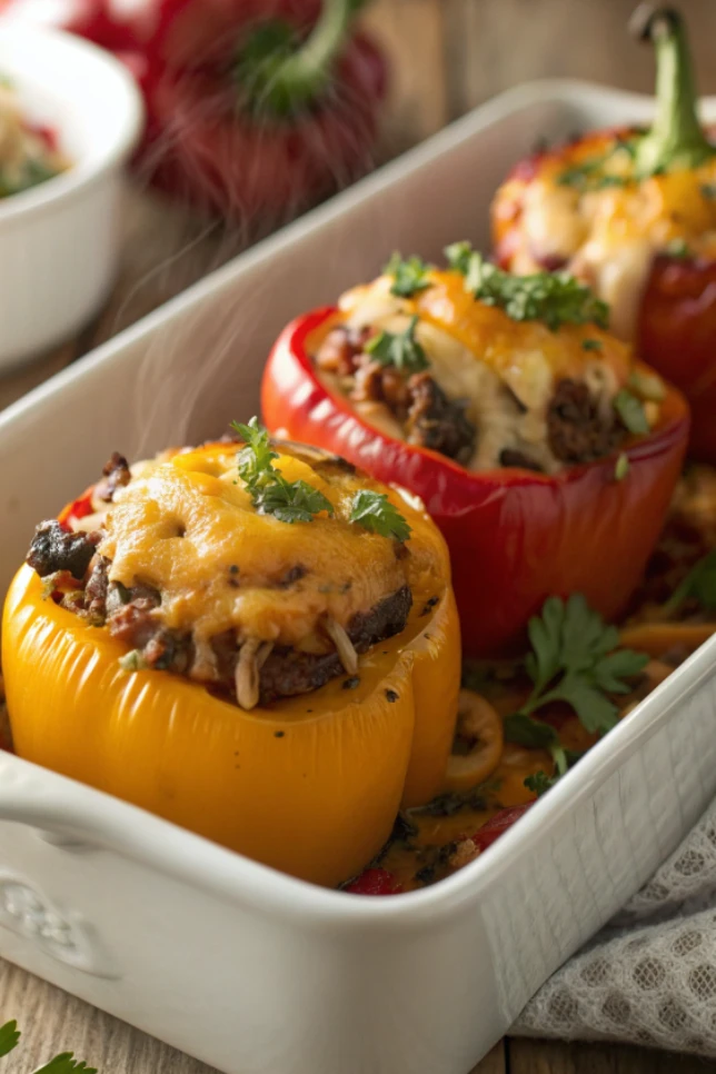 Four classic stuffed bell peppers with melted cheese in a white baking dish garnished with parsley