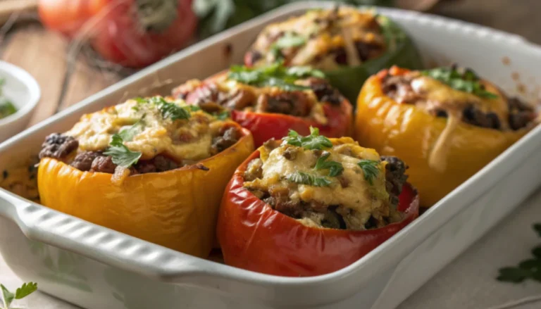 Four classic stuffed bell peppers with melted cheese in a white baking dish garnished with parsley