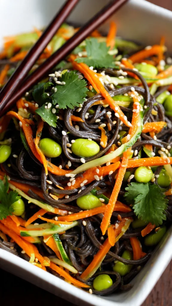 Cold soba noodle salad with shredded carrots, cucumber, edamame, and sesame seeds in meal prep container