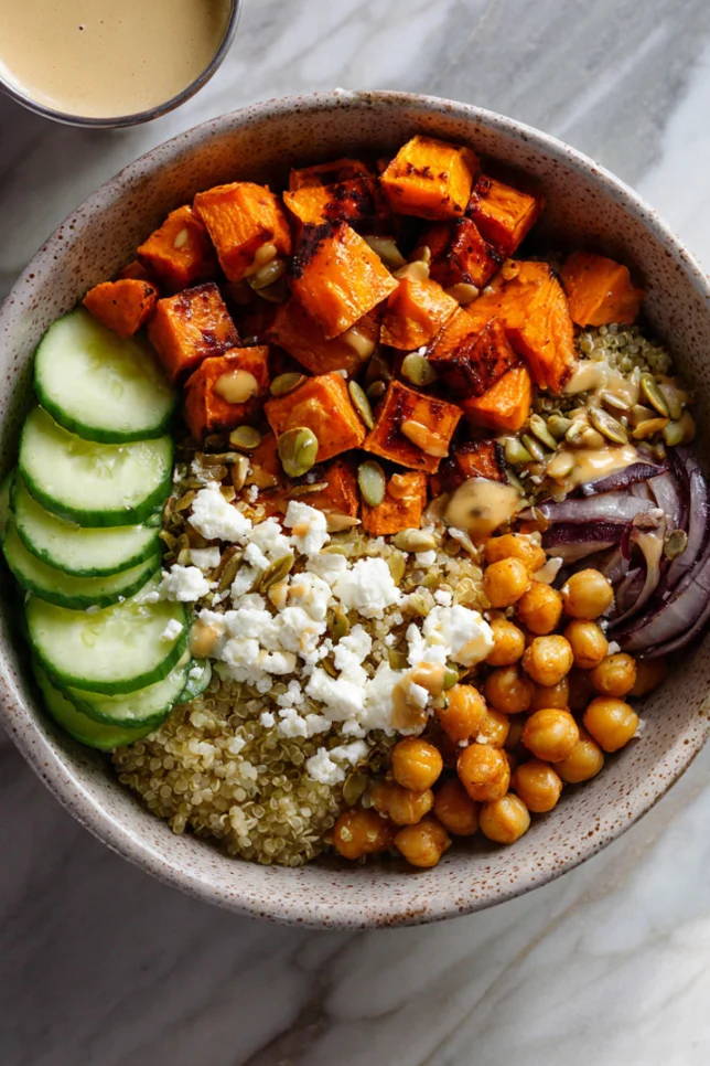 Grain bowl with quinoa, chickpeas, roasted sweet potato, cucumber, feta and sunflower seeds with tahini dressing