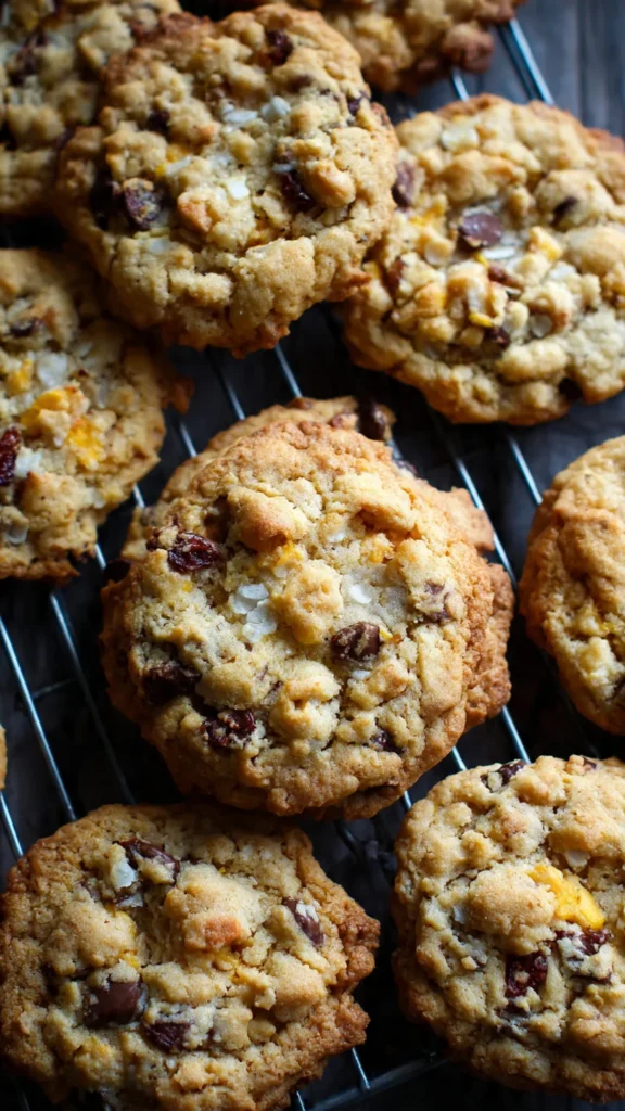 A close-up overhead image of homemade Cowboy Cookies showing chewy texture, chocolate chips, oats, pecans, and coconut. This vibrant shot highlights hearty ingredients and rustic appeal for a recipe blog feature