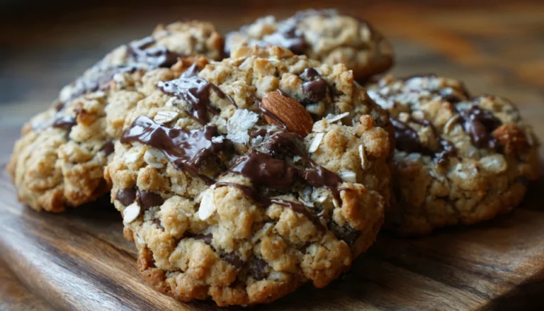 A close-up overhead image of homemade Cowboy Cookies showing chewy texture, chocolate chips, oats, pecans, and coconut. This vibrant shot highlights hearty ingredients and rustic appeal for a recipe blog feature