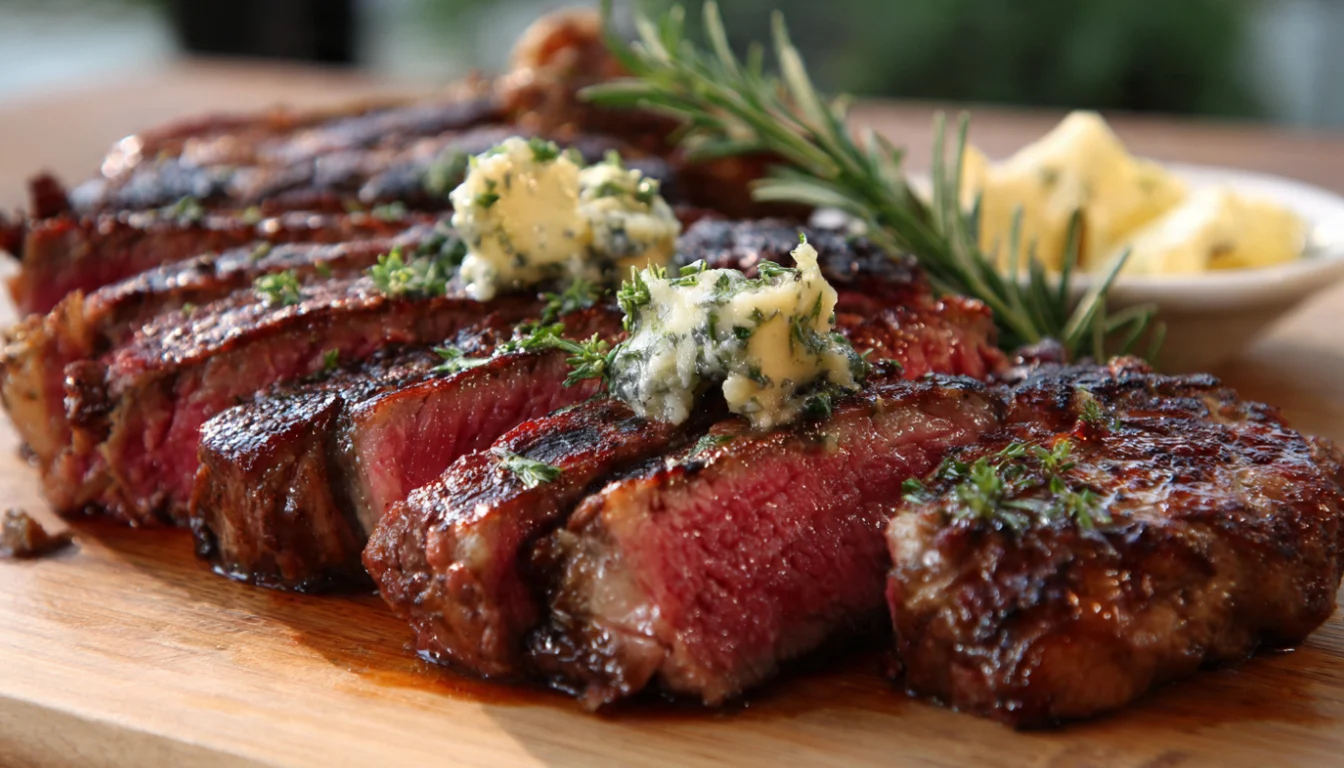 Perfectly seared cowboy steak with melting truffle honey butter on a dark wooden cutting board, sliced to show medium-rare interior