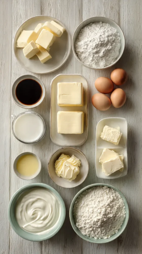 Ingredients for Cream Cheese Cake including cream cheese eggs sugar sour cream heavy cream and flour