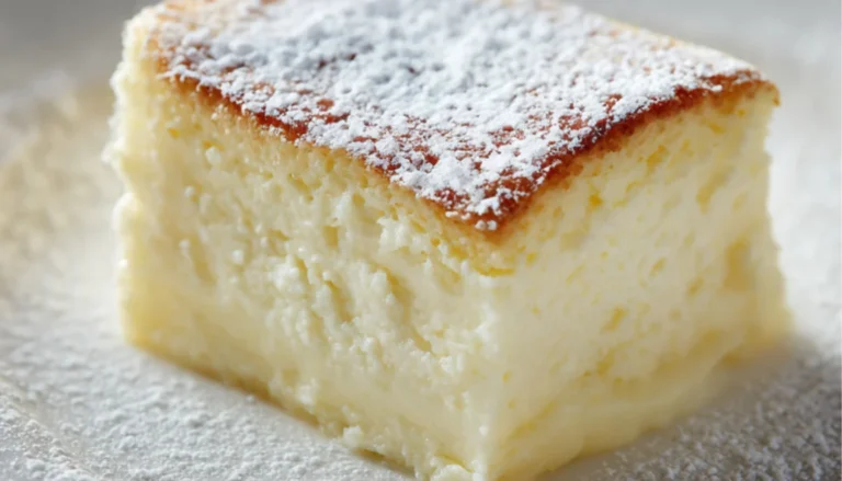 Cream Cheese Cake with smooth creamy texture and lightly golden top on a white plate