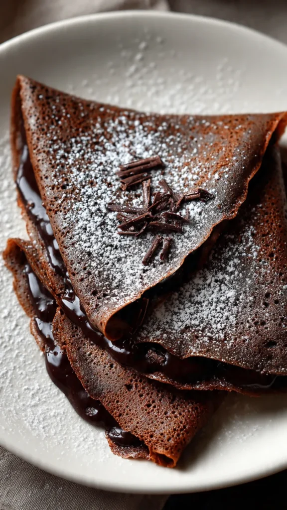Double Chocolate Crepes filled with melted chocolate and dusted with powdered sugar