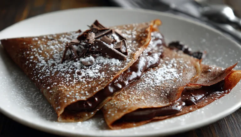 Double Chocolate Crepes filled with melted chocolate and dusted with powdered sugar