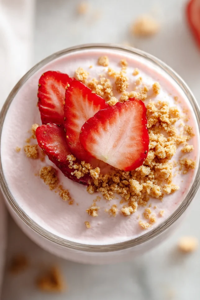 3 ingredient cheesecake jello served in a clear glass cup topped with fresh strawberries