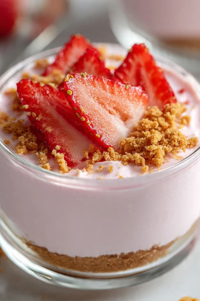 3 ingredient cheesecake jello served in a clear glass cup topped with fresh strawberries