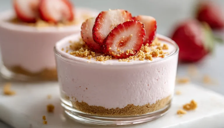 3 ingredient cheesecake jello served in a clear glass cup topped with fresh strawberries