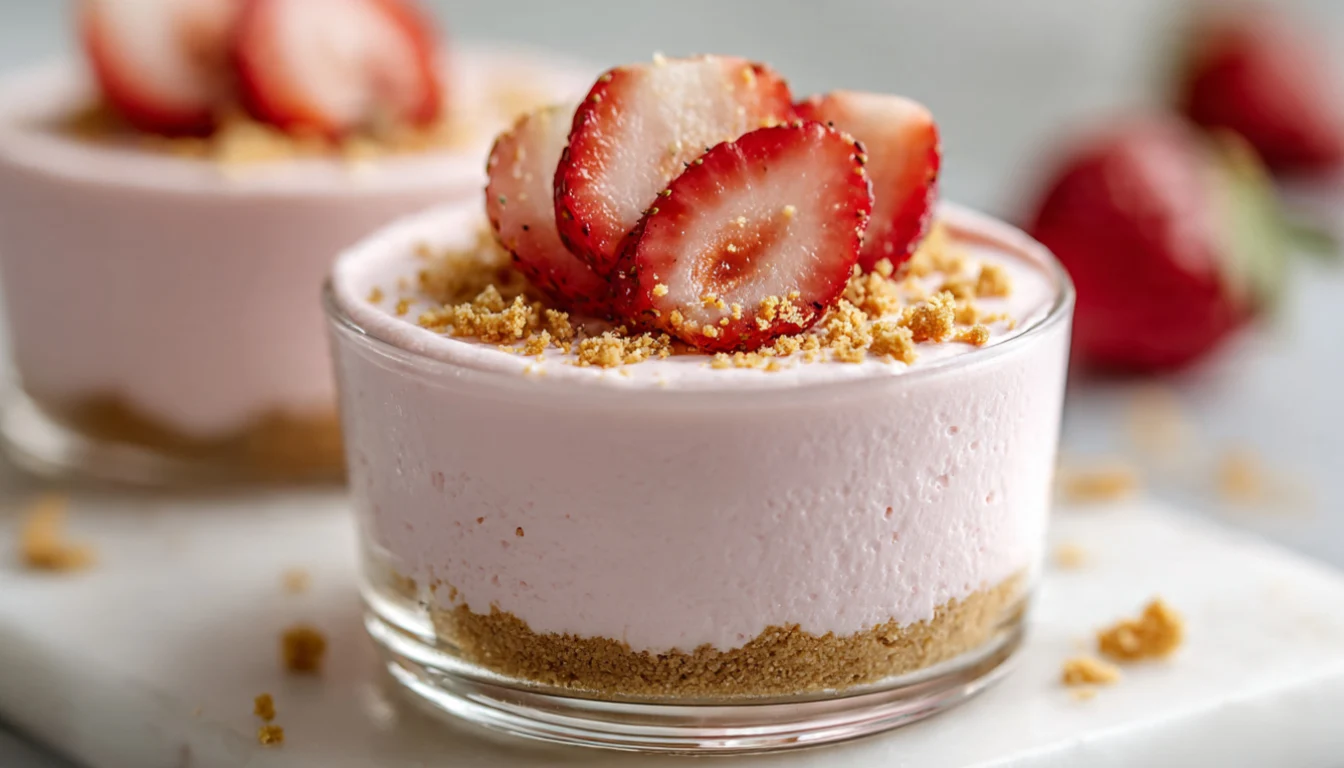 3 ingredient cheesecake jello served in a clear glass cup topped with fresh strawberries