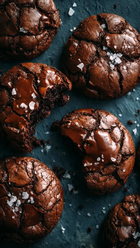 Easy brownie mix cookies with crinkled tops and flaky sea salt on a dark surface