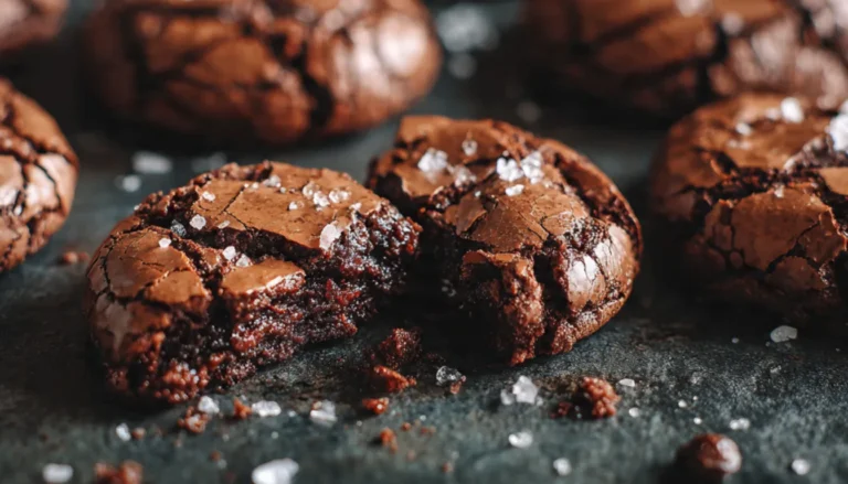Easy brownie mix cookies with crinkled tops and flaky sea salt on a dark surface