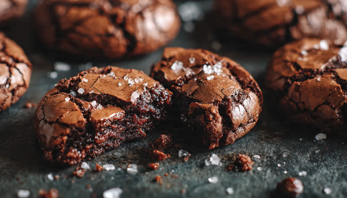 Easy brownie mix cookies with crinkled tops and flaky sea salt on a dark surface