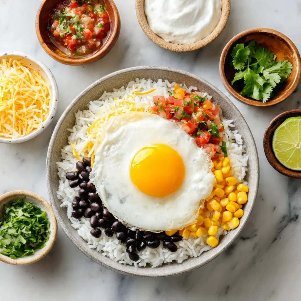 Rice bowl with black beans corn salsa cheddar cheese and fried egg for office lunch
