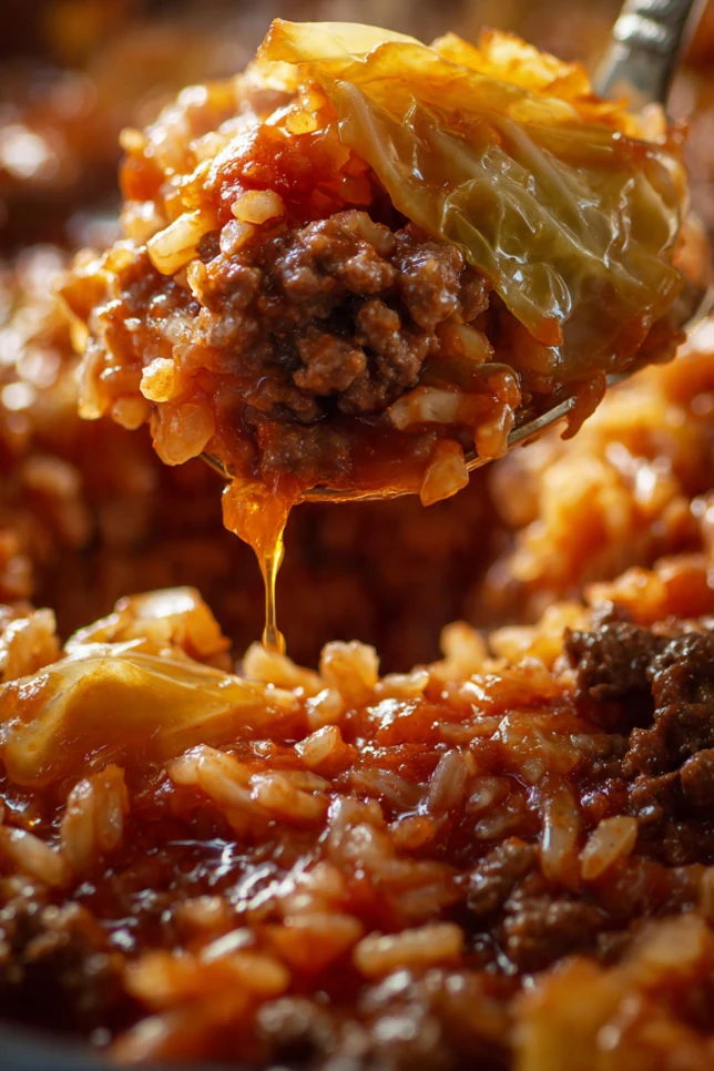 Crockpot cabbage roll casserole in slow cooker with layers of tender cabbage, seasoned beef, and tomato sauce