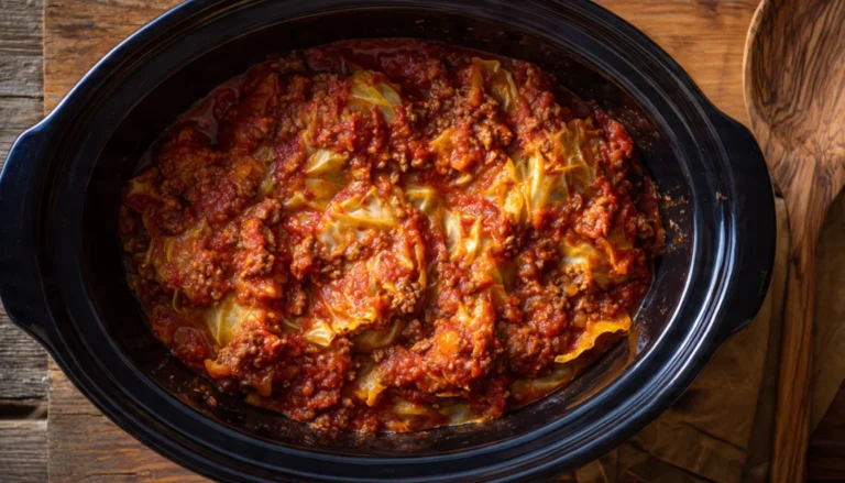 Crockpot cabbage roll casserole in slow cooker with layers of tender cabbage, seasoned beef, and tomato sauce