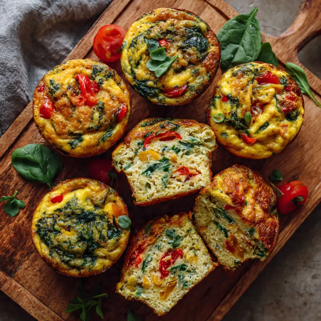 Six golden egg muffins with vegetables on a wooden board one sliced in half showing fluffy interior