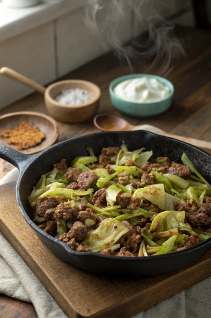 Ground beef and cabbage skillet in a cast iron pan with caramelized cabbage and browned meat