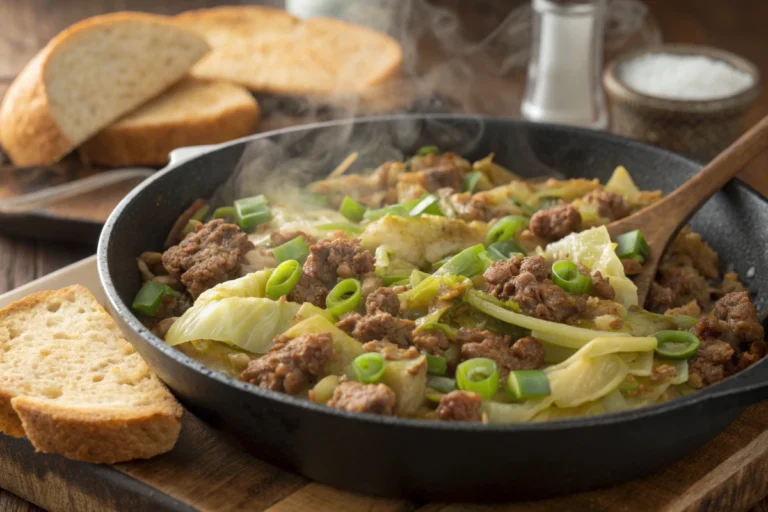 Ground beef and cabbage skillet in a cast iron pan with caramelized cabbage and browned meat