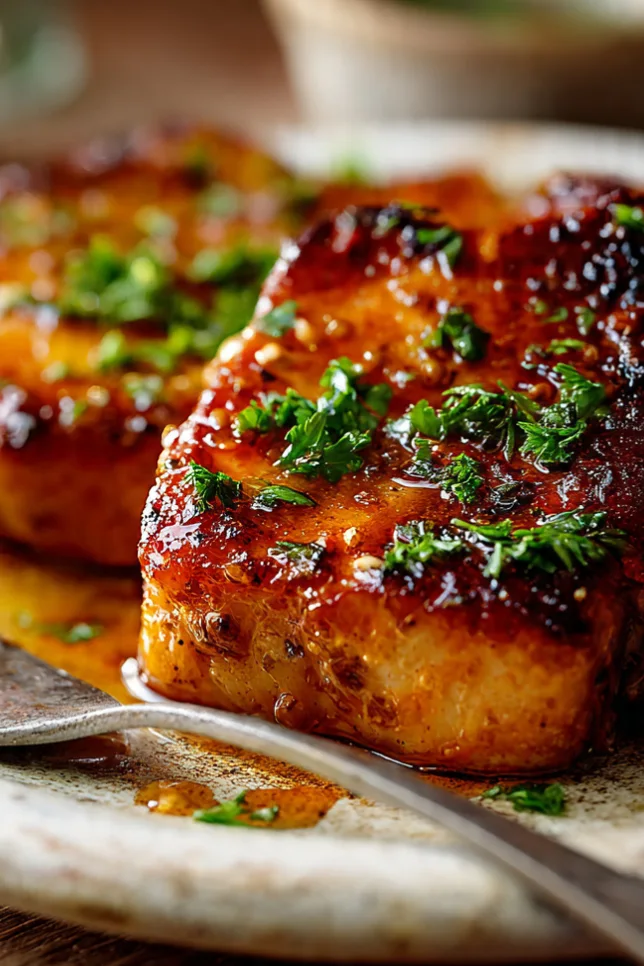 Two golden honey garlic pork chops on a white plate with sticky glaze and fresh parsley