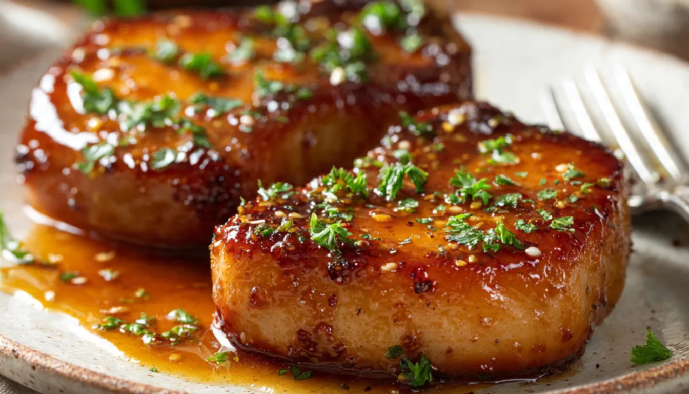 Two golden honey garlic pork chops on a white plate with sticky glaze and fresh parsley