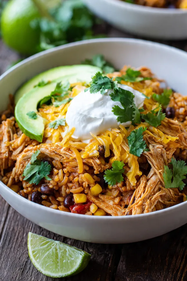 Bowl of slow cooker taco chicken and rice topped with cheese, sour cream, avocado, cilantro, and lime