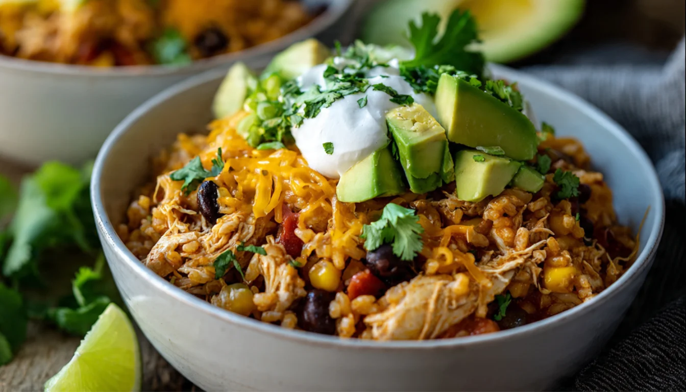 Bowl of slow cooker taco chicken and rice topped with cheese, sour cream, avocado, cilantro, and lime