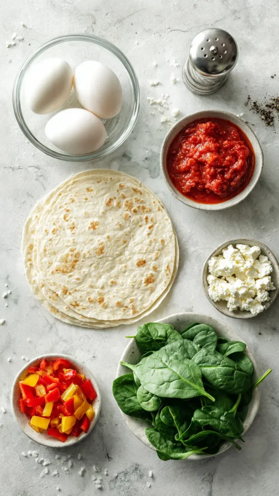 Ingredients for egg white breakfast wrap including egg whites, tortilla, spinach, bell peppers, salsa, and feta cheese arranged on marble surface

