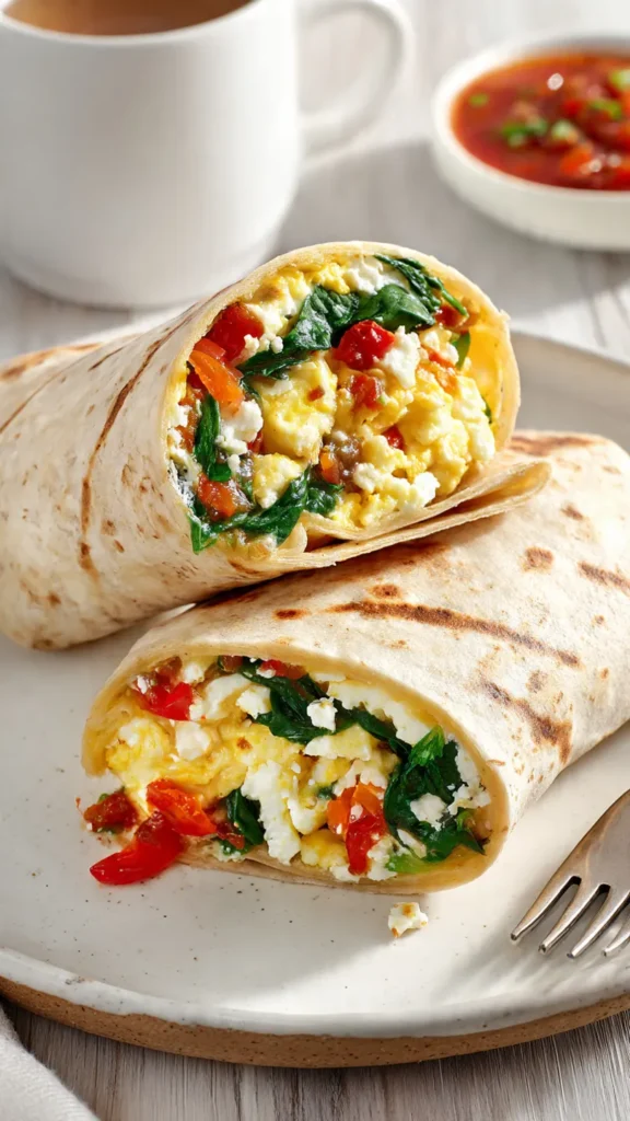 Egg white breakfast wrap cut in half on a white plate showing spinach, bell peppers, feta cheese, and salsa filling