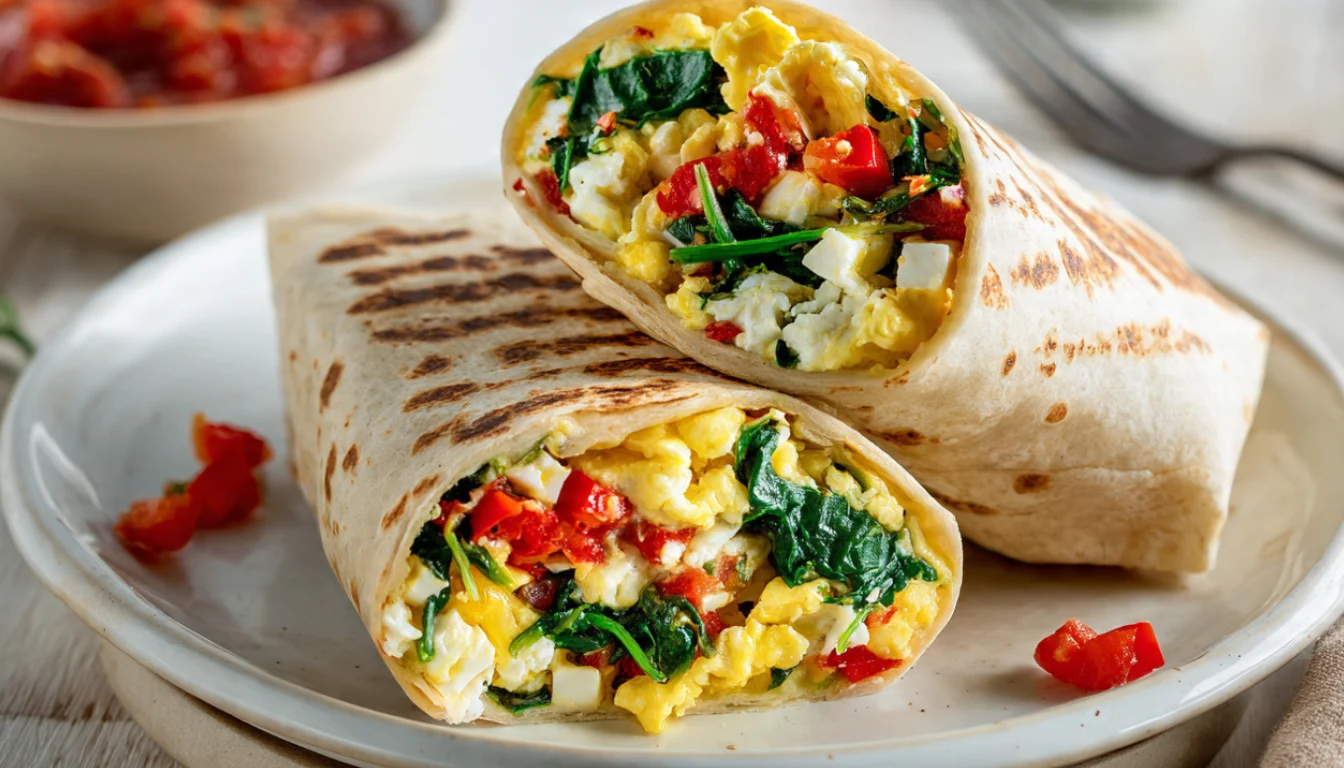 Egg white breakfast wrap cut in half on a white plate showing spinach, bell peppers, feta cheese, and salsa filling