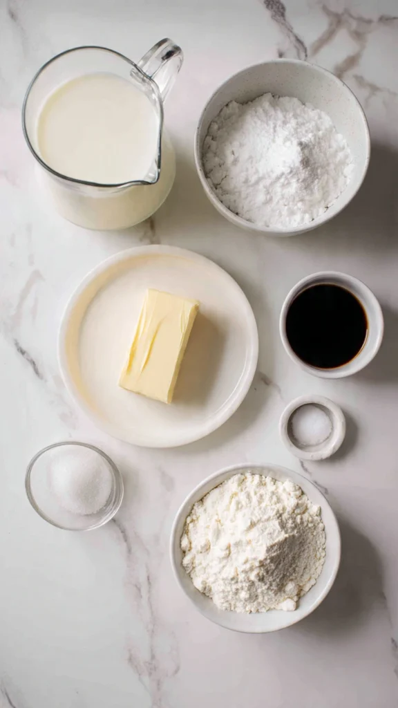 Ingredients for ermine frosting including butter, flour, milk, sugar, and vanilla extract on marble surface