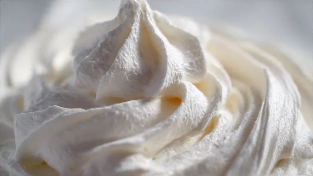 Fluffy white ermine frosting in a glass bowl with whisk showing the light airy texture
