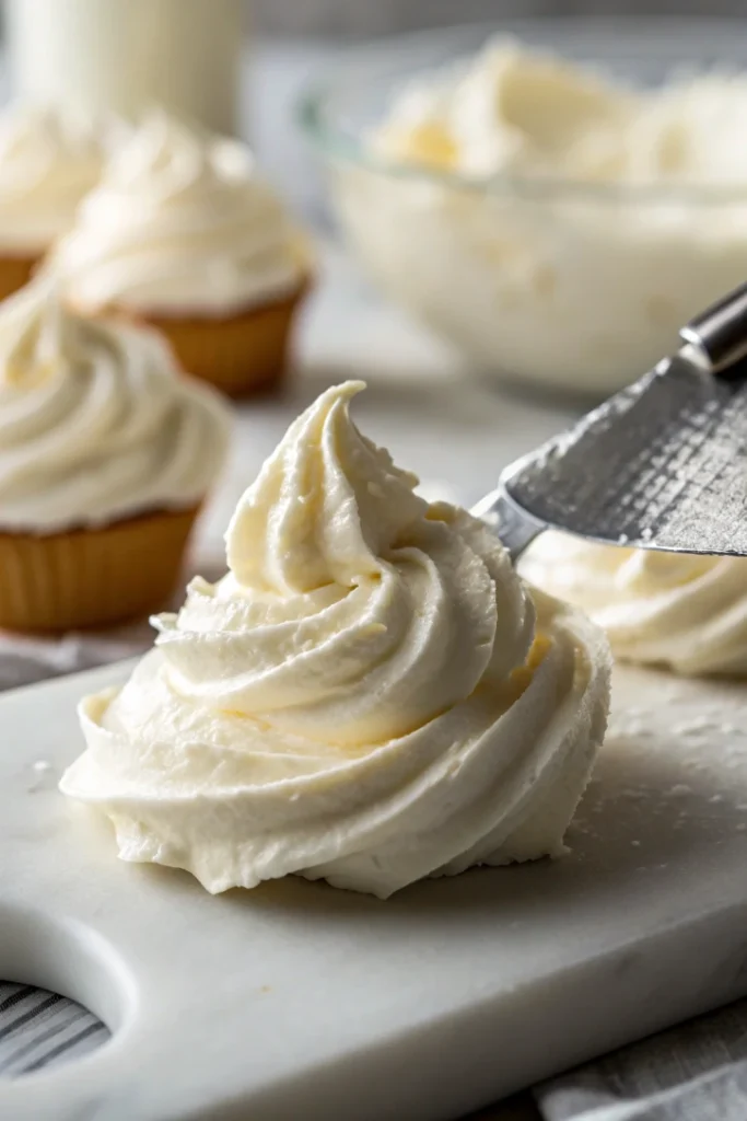 Fluffy white ermine frosting in a glass bowl with whisk showing the light airy texture